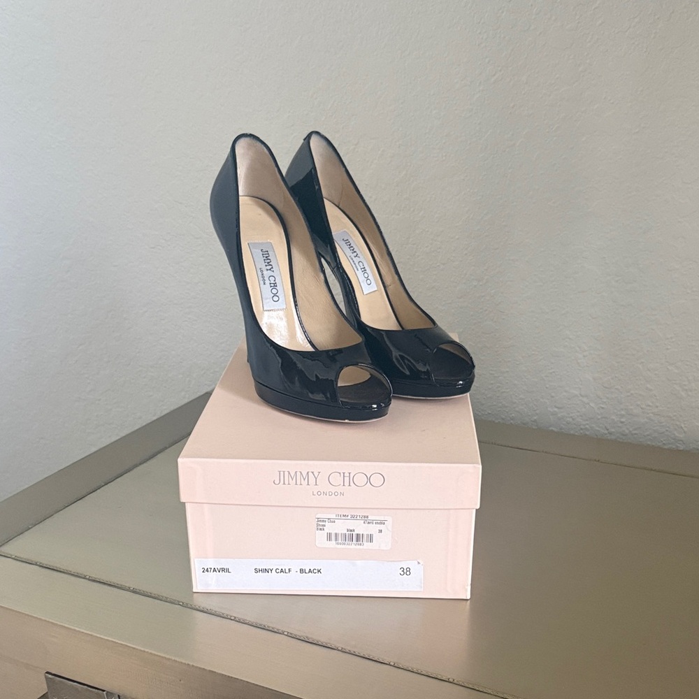 Jimmy Choo Black Patent Peep-Toe Heels
